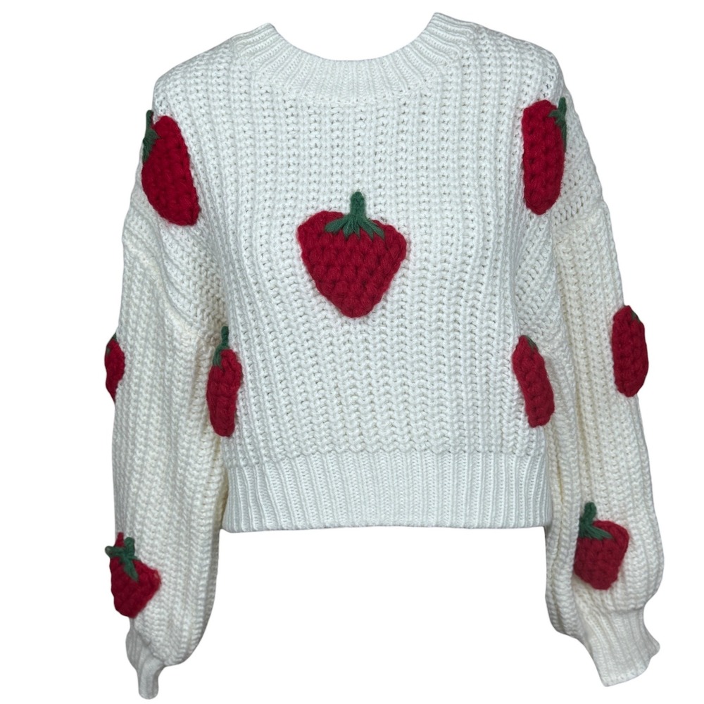 Cream Chunky Knit Crochet‎ Strawberry Sweater Women One Size Crop Balloon Sleeve